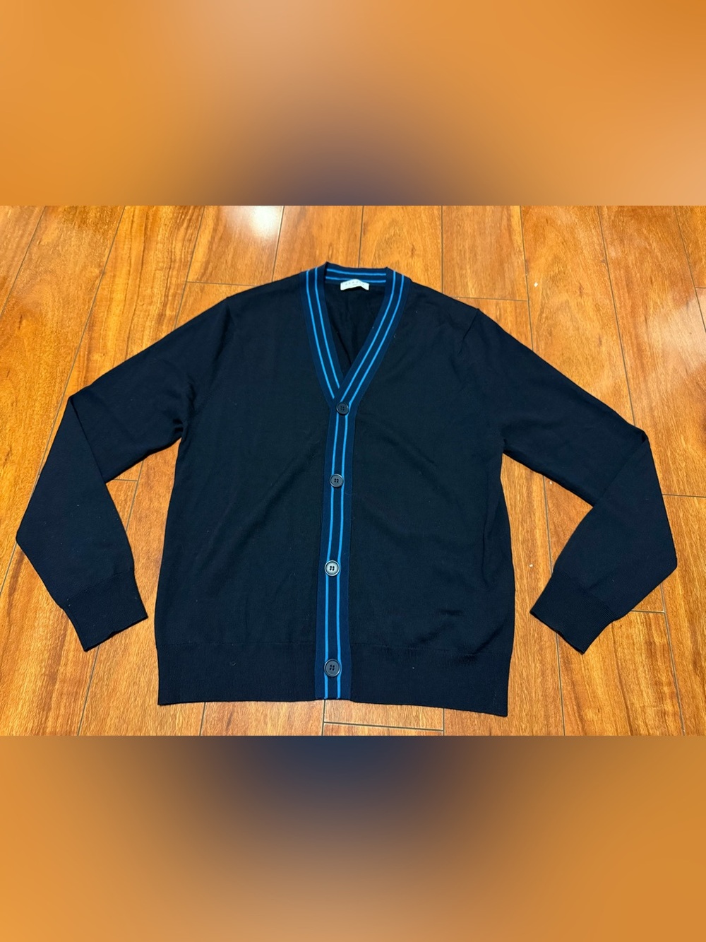 Men's Black Cardigan with Blue Stripe Trim